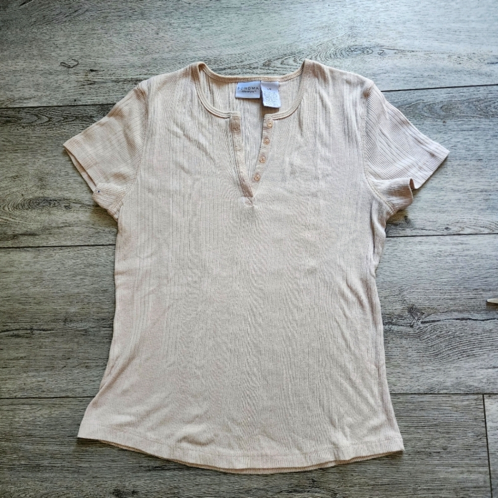 Vintage y2k button v neck shirt sleeve top sz large creamy beige tan Sonoma